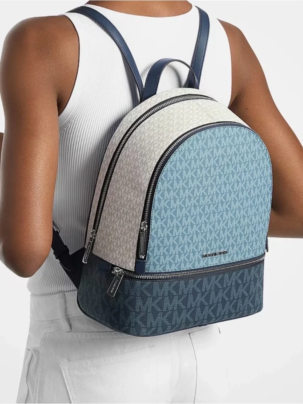 Michael Kors Two-Tone Blue MK Logo Backpack New